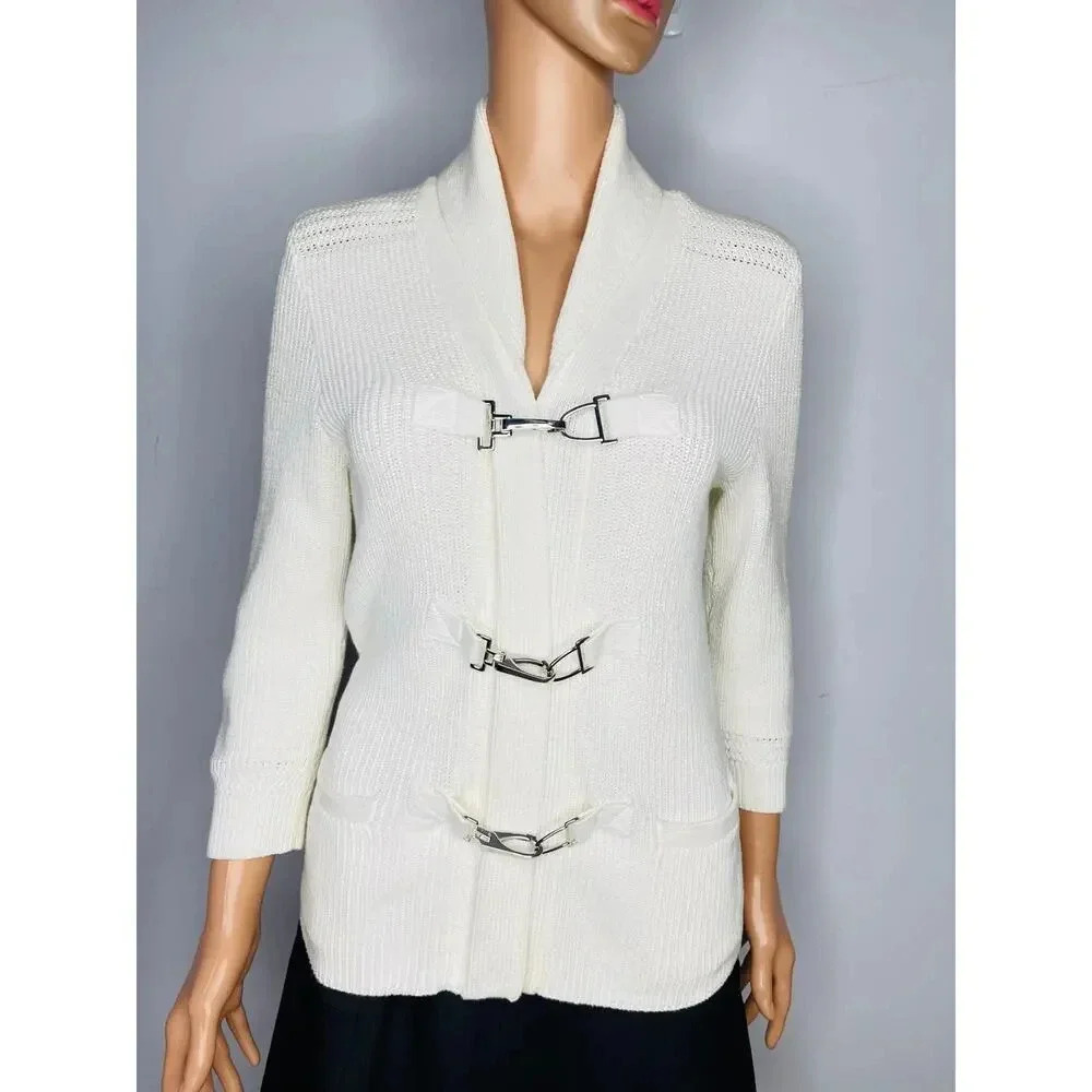 Lauren Ralph Lauren Cotton Shawl Collar Knit Sweater Cardigan size PM White